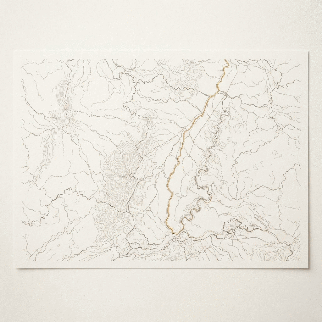 Illustration abstraite de l'Alsace et de la région frontalière traversée par le Rhin, en tons de papier chaud. Image d'ambiance, pas une carte exacte.